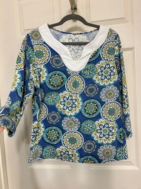 Blue Multi Print V Neck Women’s Top 3/4 sleeves Mandala print